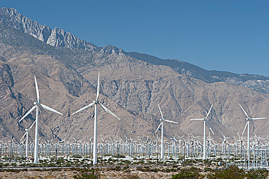 风车,农场,荒芜,山,远景,蓝天,棕榈泉,加利福尼亚,美国