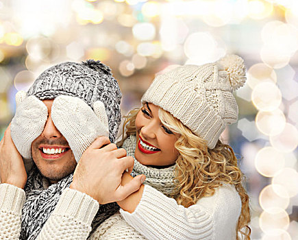 冬天,休假,圣诞节,人,概念,微笑,情侣,毛衣,圣诞老人,帽子,上方,背景