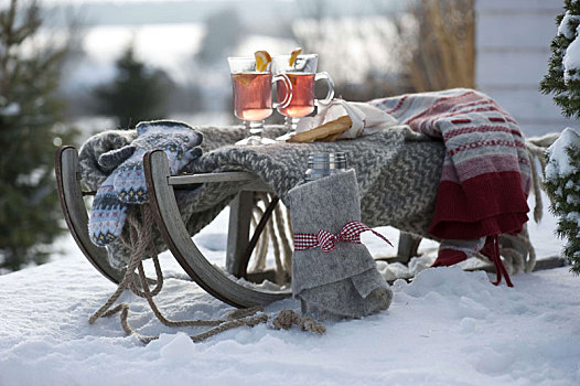 雪撬,毯子,毛衣,手套,热水瓶