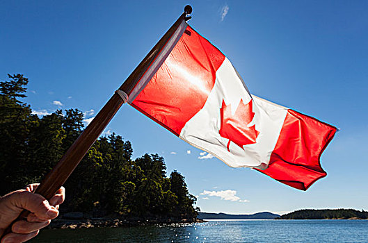 一个,男人,加拿大国旗,太阳,海湾地区,岛屿,远景,不列颠哥伦比亚省,加拿大