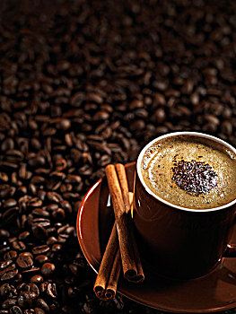 咖啡杯,拿铁咖啡,巧克力,桂皮,咖啡,咖啡豆,背景