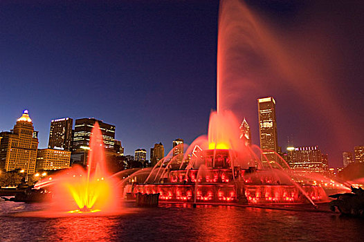 芝加哥,伊利诺斯,白金汉喷泉,光亮,夜晚