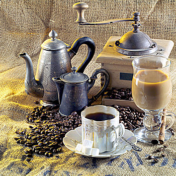 静物,咖啡,老,咖啡研磨机,咖啡壶