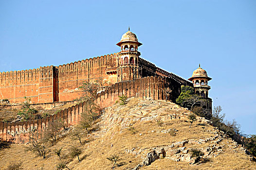 堡垒,外部的煤壁,琥珀色,靠近,斋浦尔,拉贾斯坦邦,北印度,印度,南亚,亚洲