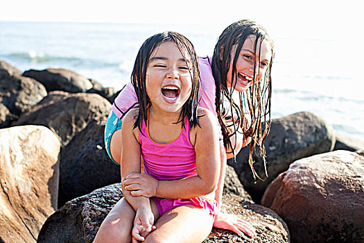 姐妹,玩,海滩,毛伊岛,夏威夷,美国