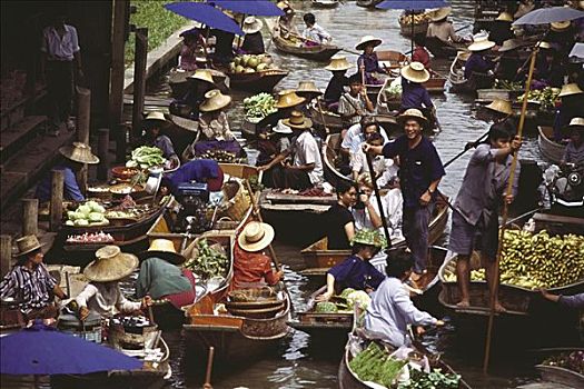 俯拍,水上市场,曼谷,泰国