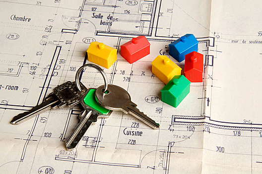 房钥匙,微型,房子,施工图,象征,房地产,市场,法国,欧洲