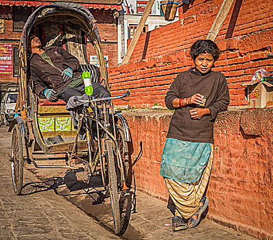 人力车,驾驶员,女人,休息,加德满都,尼泊尔,亚洲