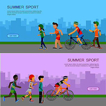 夏季運動,矢量,旗幟,女人,男人,跑,騎,自行車,滑旱冰,滑板,動態,健康生活,插畫,運動衣,網頁,設計
