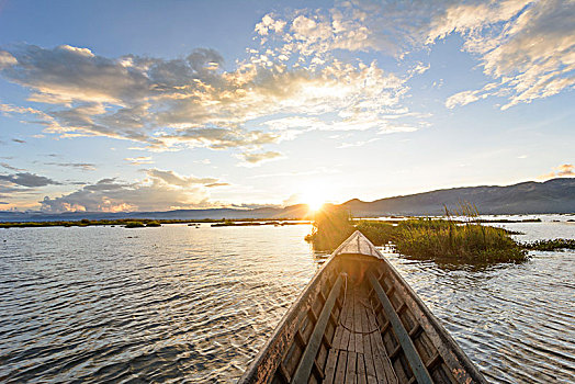 茵莱湖,山,日落,水,风信子,船,掸邦,缅甸
