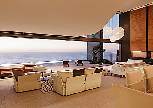 客厅,现代住宅,远眺,海洋,日落