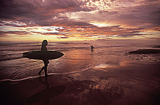 哥斯达黎加,尼科亚,半岛,首映,冲浪,目的地,女性,走,海滩,日落