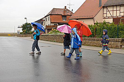 五个,孩子,岁月,街道,雨,巴登符腾堡,德国,欧洲