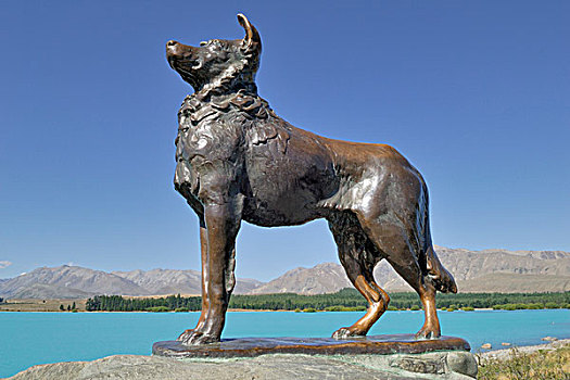 铜像,柯利犬,狗,捐赠,农民,湖,公路,南岛,新西兰