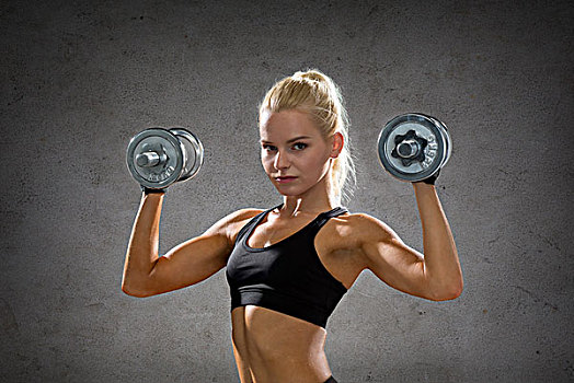 健身,运动,练习,人,概念,女人,重,钢铁,哑铃,上方,混凝土墙,背景
