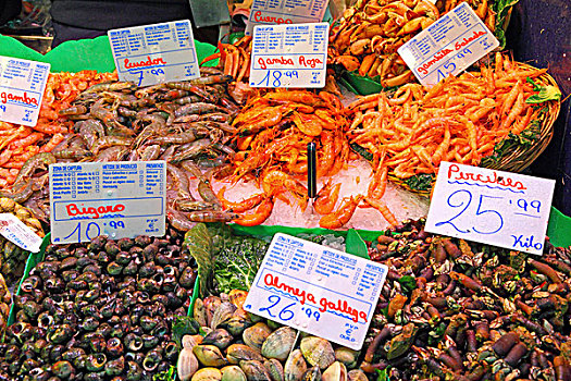 贻贝,对虾,市场货摊,巴塞罗那,西班牙