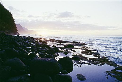 夏威夷,考艾岛,纳帕利海岸,岩石,海岸线,日落