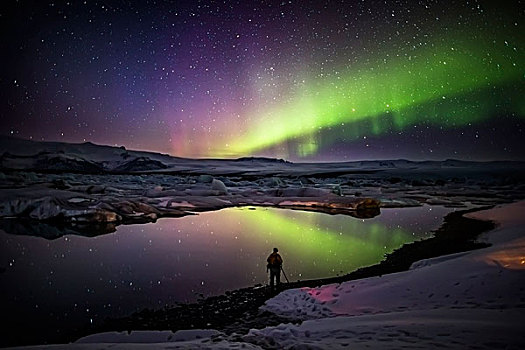 拍照,北极光,杰古沙龙湖,瓦特纳冰川,冰盖,冰岛