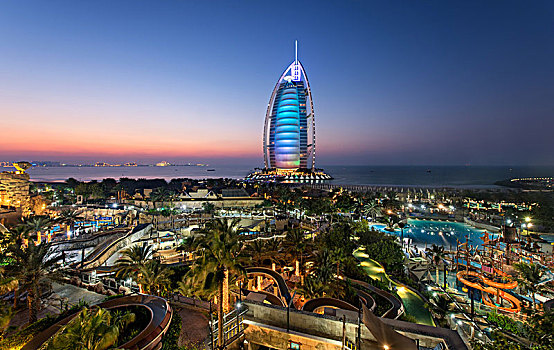 风景,光亮,帆船酒店,摩天大楼,迪拜,阿联酋,黄昏
