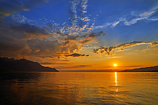 莱曼,日内瓦湖,日落,瑞士