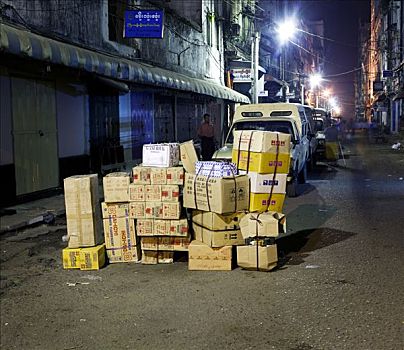一堆,纸板箱,街道,缅甸