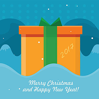 圣诞快乐,新年快乐,矢量,概念,设计,橙色,礼盒,绿色,丝带,蓝色背景,雪,背景,寒假,庆贺,象征,贺卡,邀请,高兴
