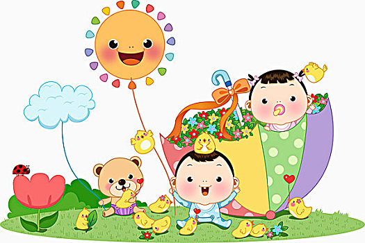 插畫,兩個,嬰兒,花園