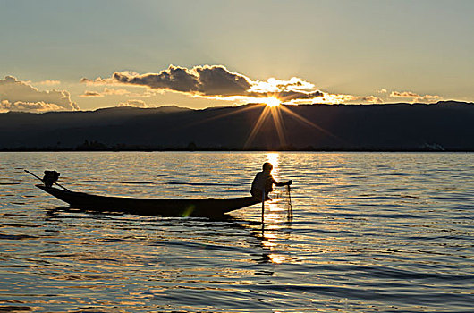 缅甸,茵莱湖,渔民,日落