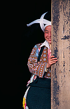 苗族,女孩,传统服装,编织物,头发,顶着,凯里,贵州,省,中国
