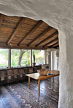木桌子,折叠,折叠椅,传统,地砖,地中海,就餐区