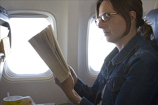 女人,读,书本,飞机