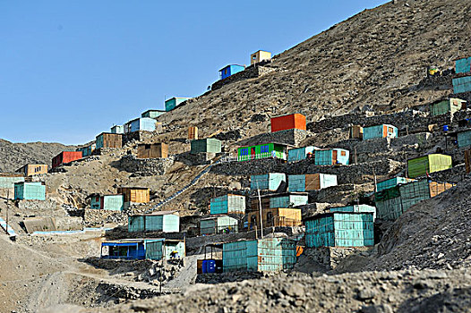 明亮,涂绘,木质,房子,建造,沙,斜坡,干燥,荒芜,气候,贫民窟,利马,秘鲁,南美