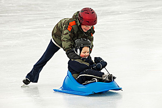 男孩,推,年幼,雪撬,户外,滑冰场,艾伯塔省,加拿大