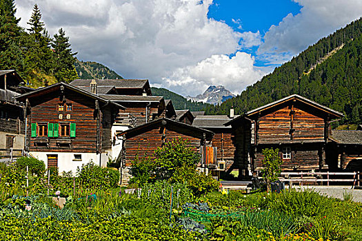 木制屋舍,瓦莱,山顶,后面,山谷,瓦莱州,瑞士,欧洲