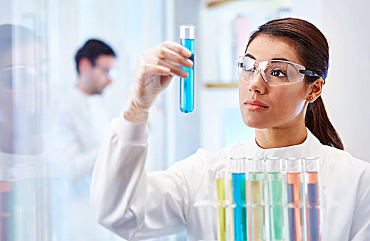 女人,实验室,看,小瓶,蓝色,流动