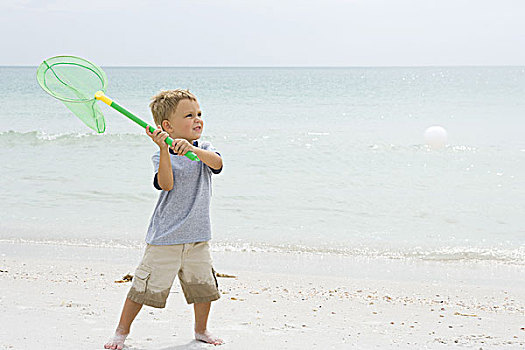 男孩,海滩,拿着,向上,网,抓住,球