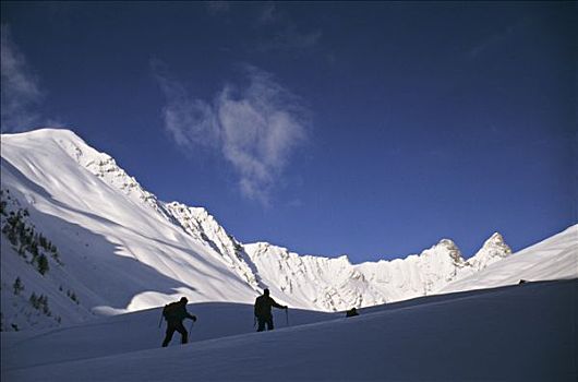 法国,莫列讷河谷,冬天,两个,远足者,顶峰,背景