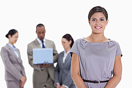 女人,企业团队,背景,看,笔记本电脑,白色背景