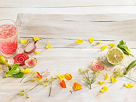 构图,花,甜菜根,洋葱,柠檬
