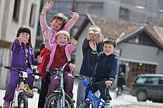 高兴,孩子,群体,学习,自行车,户外,美女,晴朗,春天,白天