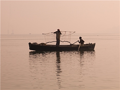 两个,捕鱼,船,恒河,瓦拉纳西,印度