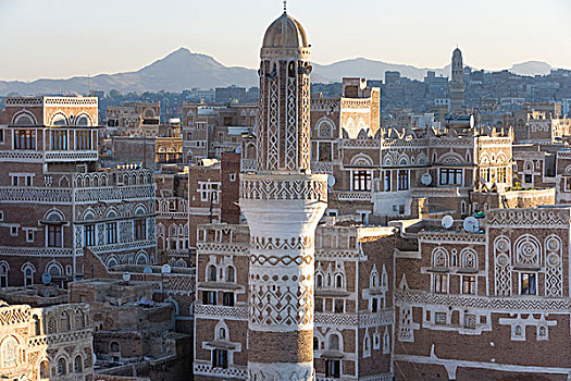 清真寺,塔,天际线,萨那,也门