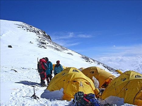 黄色,帐篷,登山者,设备,露营,南,珠穆朗玛峰,喜马拉雅山,尼泊尔