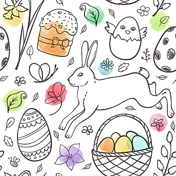 涂写,复活节,无缝,图案,兔子,水彩,白色背景