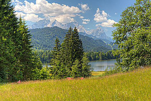 风景,高处,湖,阿尔卑斯峰,夏天,上巴伐利亚,巴伐利亚,德国,欧洲