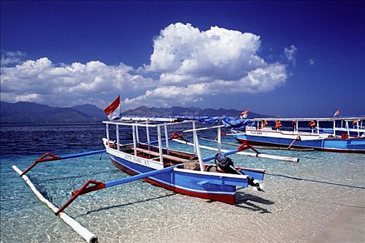 印度尼西亚,巴厘岛,捕鱼,舷外支架,圆点,海岸线,龙目岛
