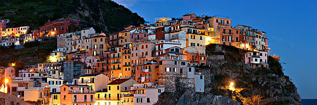全景,意大利,风格,建筑,上方,悬崖,马纳罗拉,五渔村,夜晚