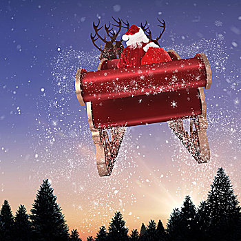 合成效果,图像,圣诞老人,飞,雪撬,雪,落下,冷杉,树林