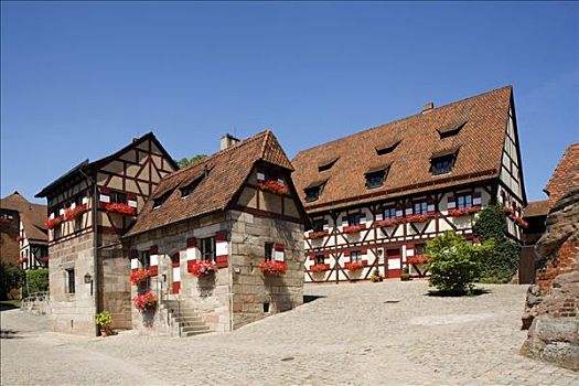 纽伦堡,城堡,半木结构房屋,中间,弗兰克尼亚,巴伐利亚,德国,欧洲
