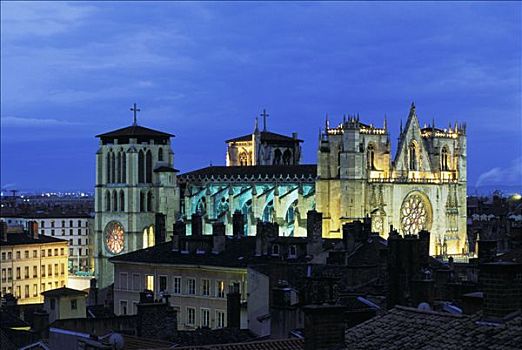 法国,里昂,建筑,圣珍大教堂,黄昏
